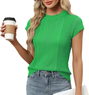 LOMON Women's Summer Cap Sleeve Knit Tops Mock Neck Business Casual Sweaters Lightweight Pullover Blouses