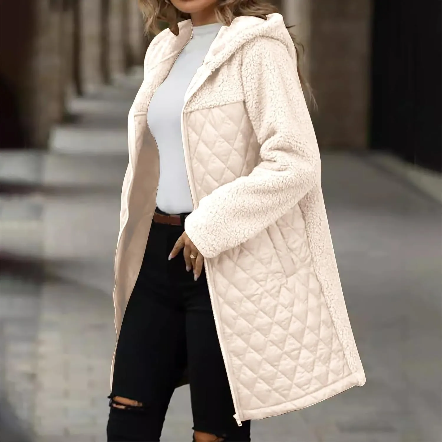 Long Fleece Jacket Women Zip Up Puffer Jacket Casual Sherpa Fuzzy Hoodie Oversized Fall Warm Winter Coat Outerwear