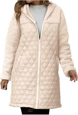 Long Fleece Jacket Women Zip Up Puffer Jacket Casual Sherpa Fuzzy Hoodie Oversized Fall Warm Winter Coat Outerwear