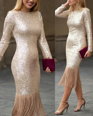 Long Sleeve Tassel Trim Sequin Mermaid Prom Dress