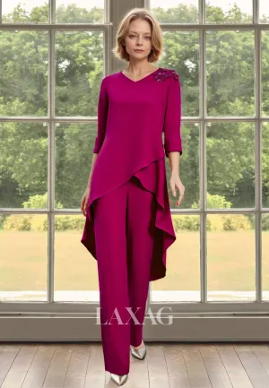 Long-Sleeves V-Neck Beaded Mother of the Bride Dress Floral Embossed Tiered Cocktail Gowns with Trousers