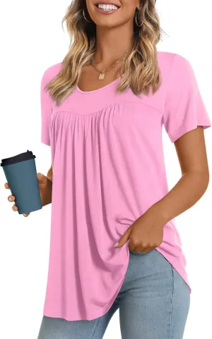 LONGYUAN Womens Tunic Tops 2025 Short Sleeve Shirts Summer Casual Tee Comfy Blouses S-4XL