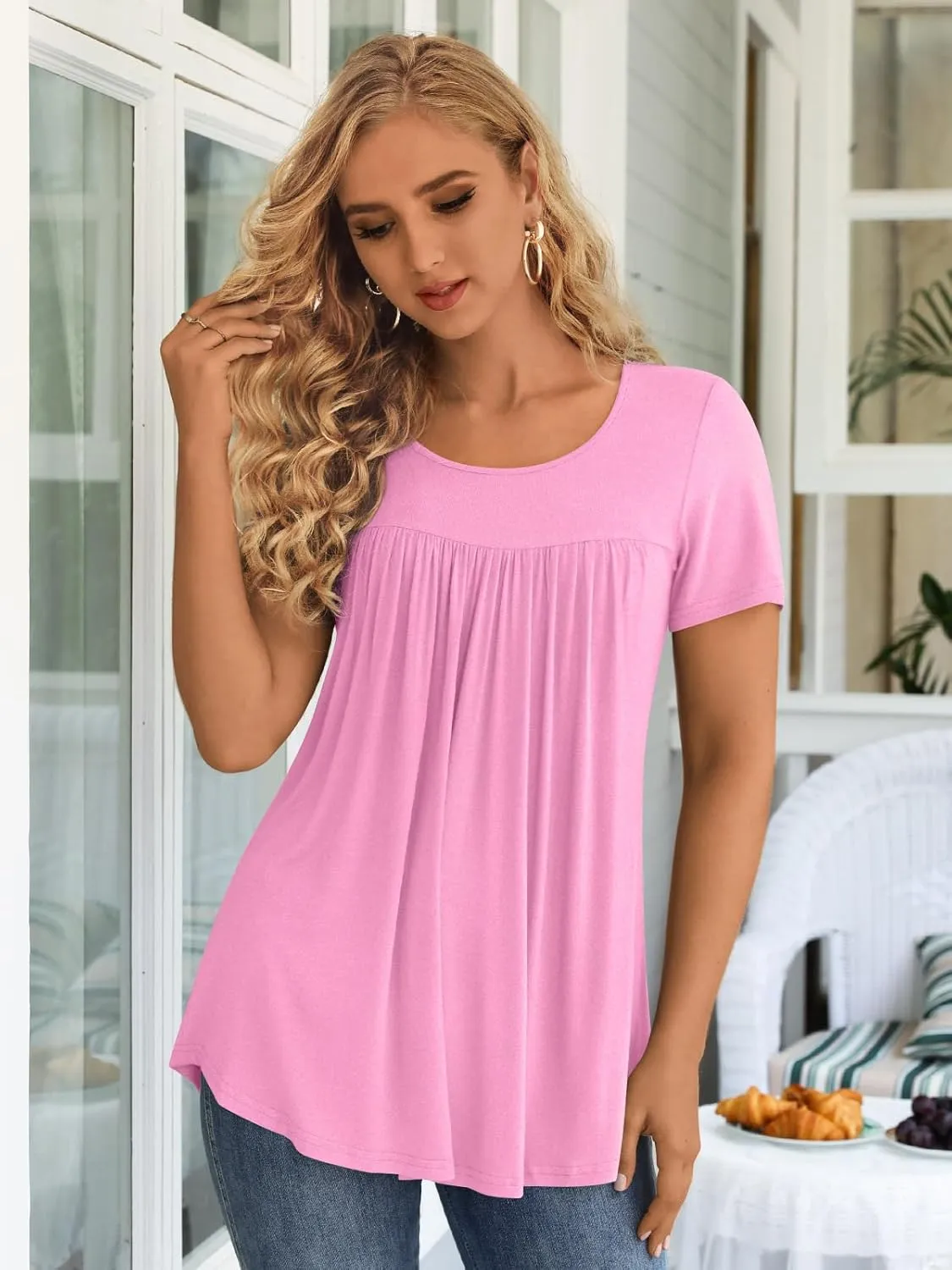 LONGYUAN Womens Tunic Tops 2025 Short Sleeve Shirts Summer Casual Tee Comfy Blouses S-4XL