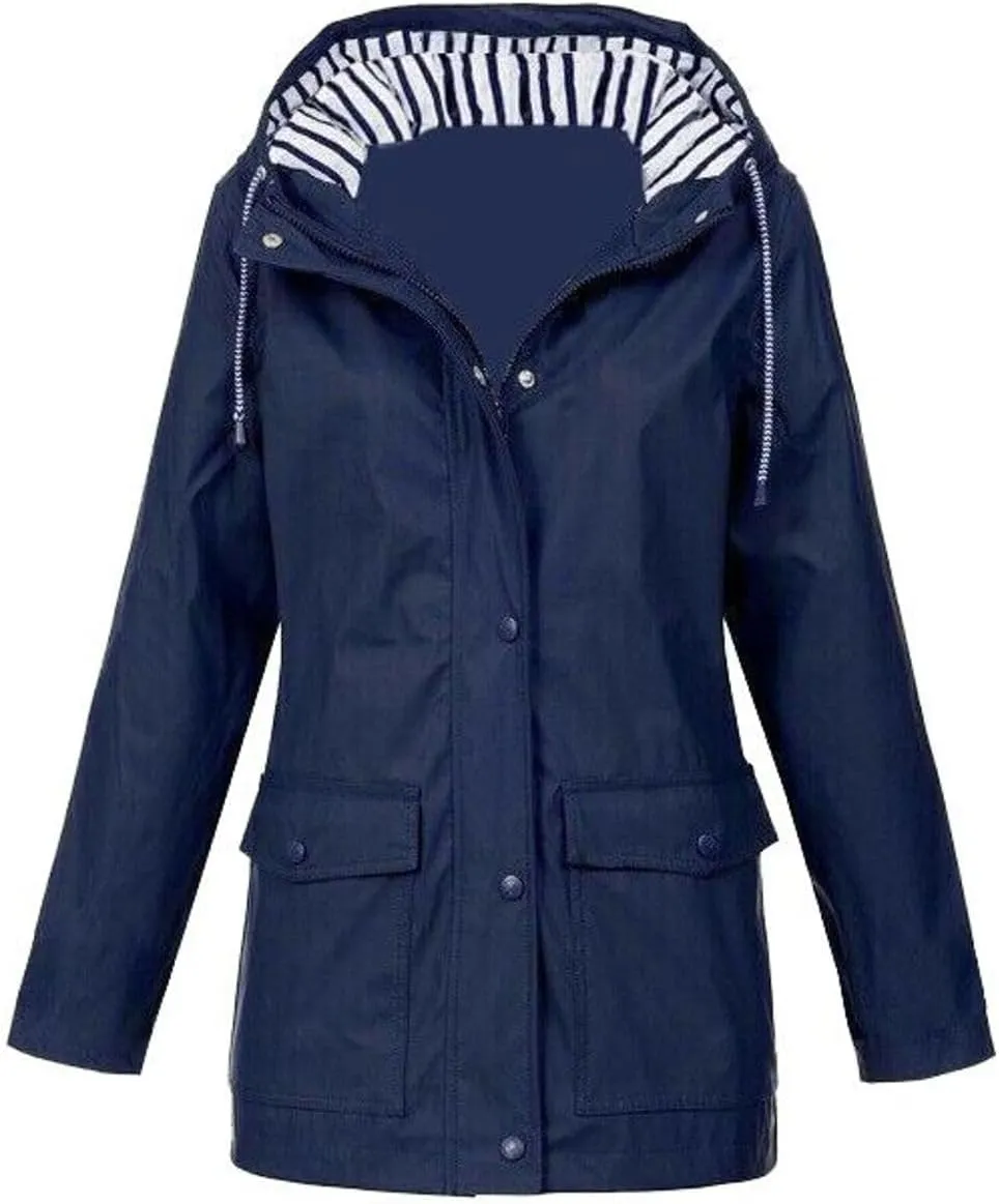 Lu's Chic Womens Hooded Rain Jacket Zip Up Trench Coat Fall Raincoat Snow Long Sleeve Anorak Zipper Pockets Drawstring