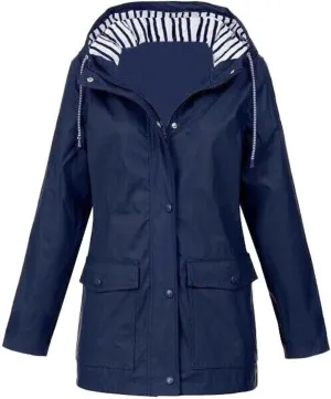 Lu's Chic Womens Hooded Rain Jacket Zip Up Trench Coat Fall Raincoat Snow Long Sleeve Anorak Zipper Pockets Drawstring