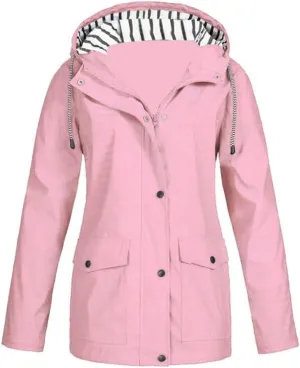 Lu's Chic Womens Hooded Rain Jacket Zip Up Trench Coat Fall Raincoat Snow Long Sleeve Anorak Zipper Pockets Drawstring