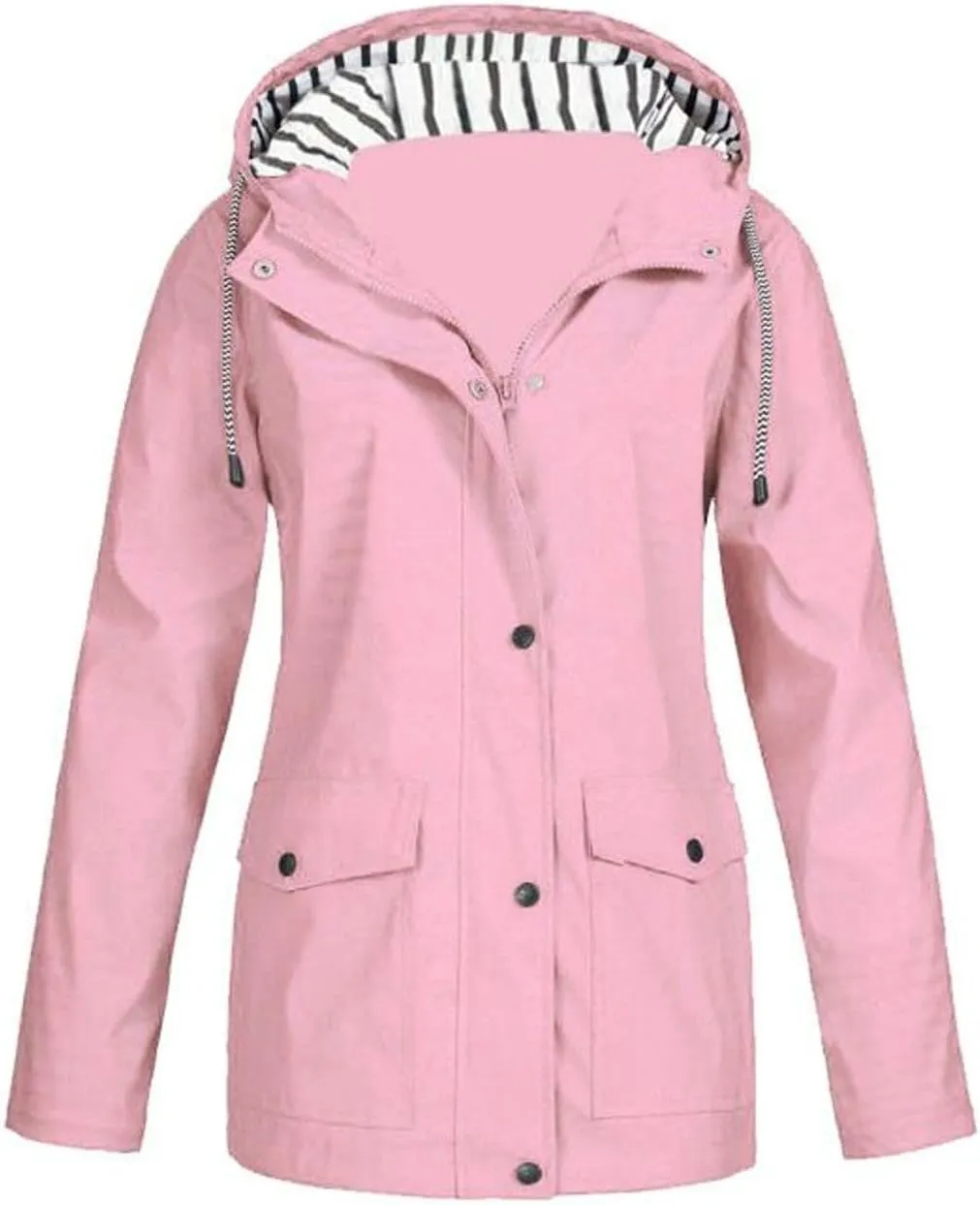 Lu's Chic Womens Hooded Rain Jacket Zip Up Trench Coat Fall Raincoat Snow Long Sleeve Anorak Zipper Pockets Drawstring