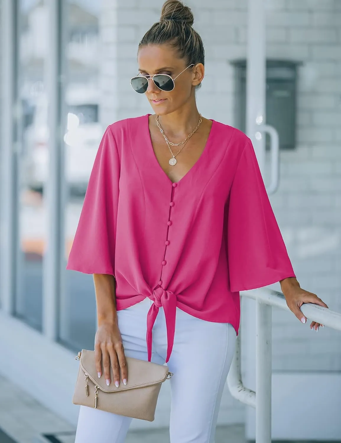luvamia Women's Casual V Neck Tops 3/4 Sleeve Tie Knot Blouses Solid Button Down Shirts
