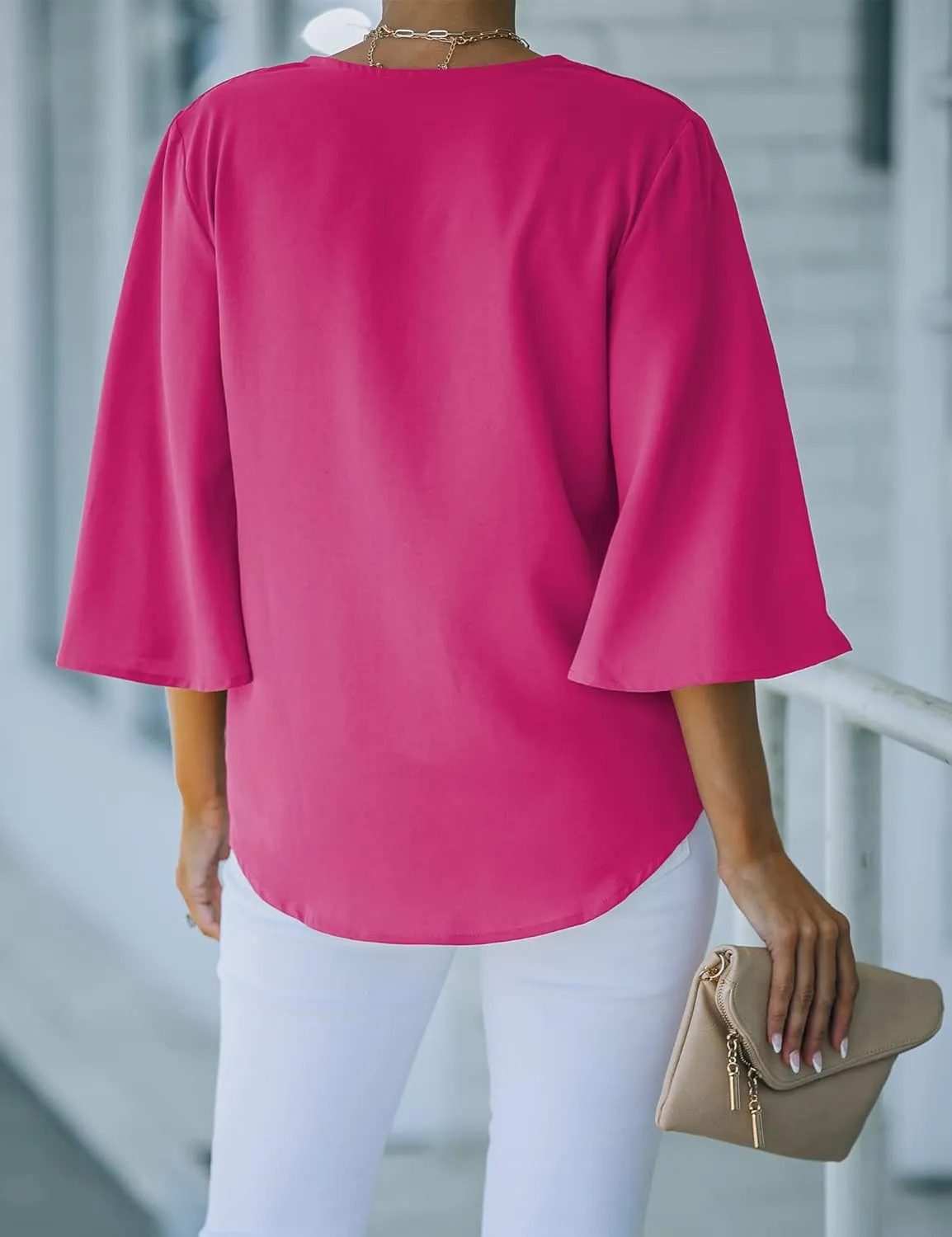 luvamia Women's Casual V Neck Tops 3/4 Sleeve Tie Knot Blouses Solid Button Down Shirts
