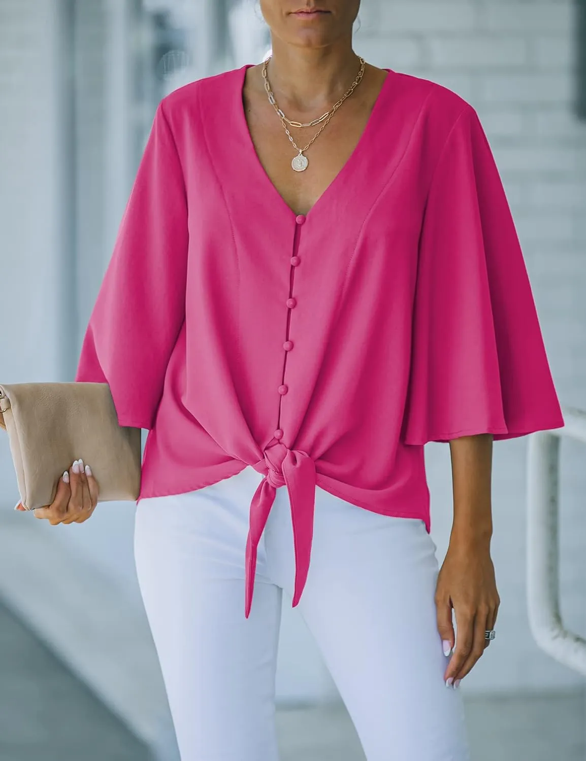 luvamia Women's Casual V Neck Tops 3/4 Sleeve Tie Knot Blouses Solid Button Down Shirts