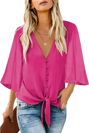 luvamia Women's Casual V Neck Tops 3/4 Sleeve Tie Knot Blouses Solid Button Down Shirts