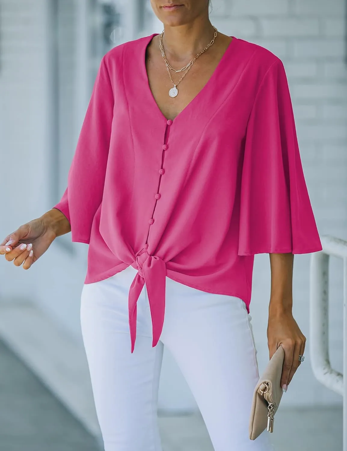 luvamia Women's Casual V Neck Tops 3/4 Sleeve Tie Knot Blouses Solid Button Down Shirts