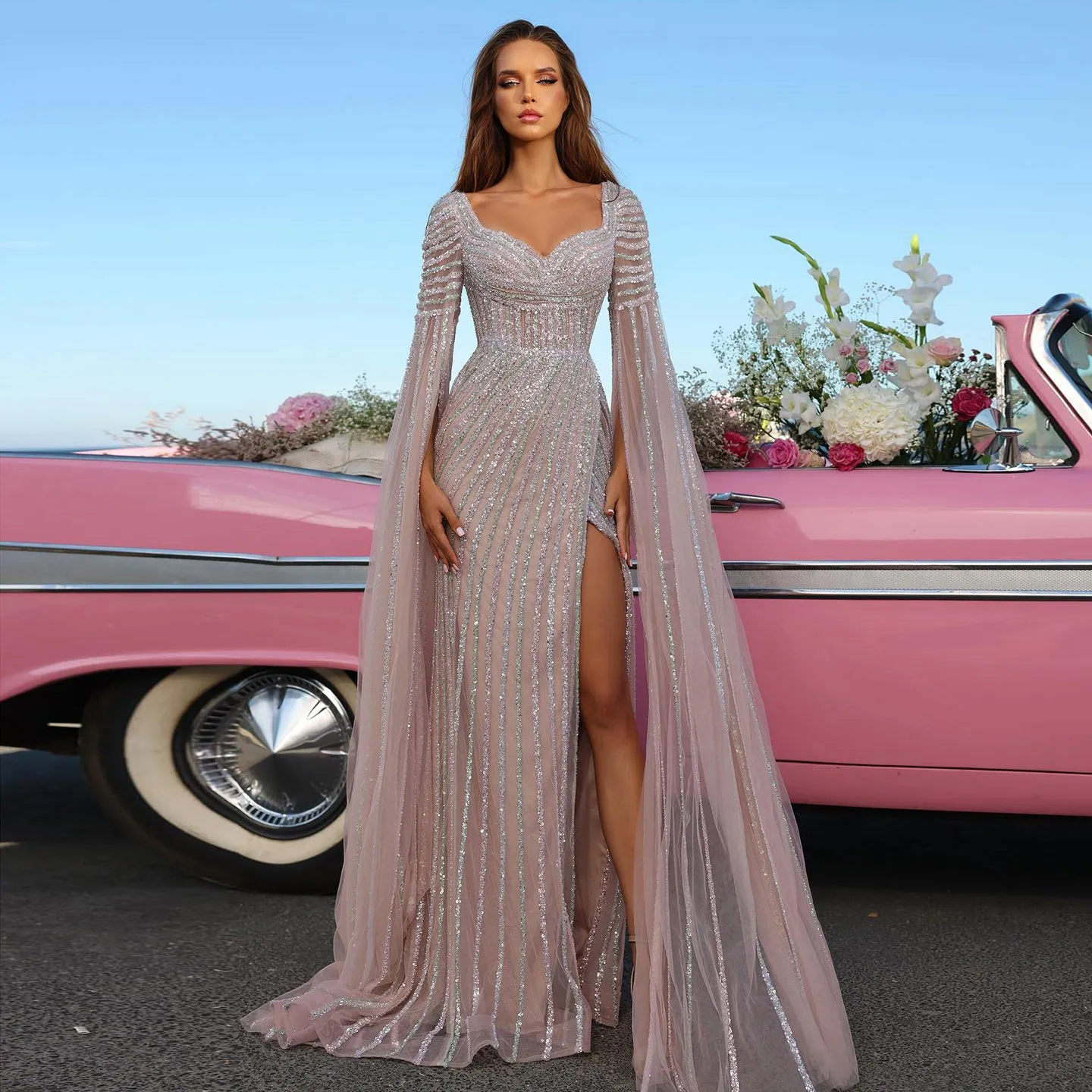 Luxury Beaded Pink Mermaid Evening Dress with Cape Sleeves SS434