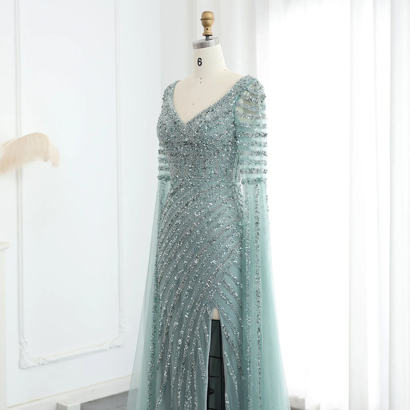 Luxury Beaded Pink Mermaid Evening Dress with Cape Sleeves SS434