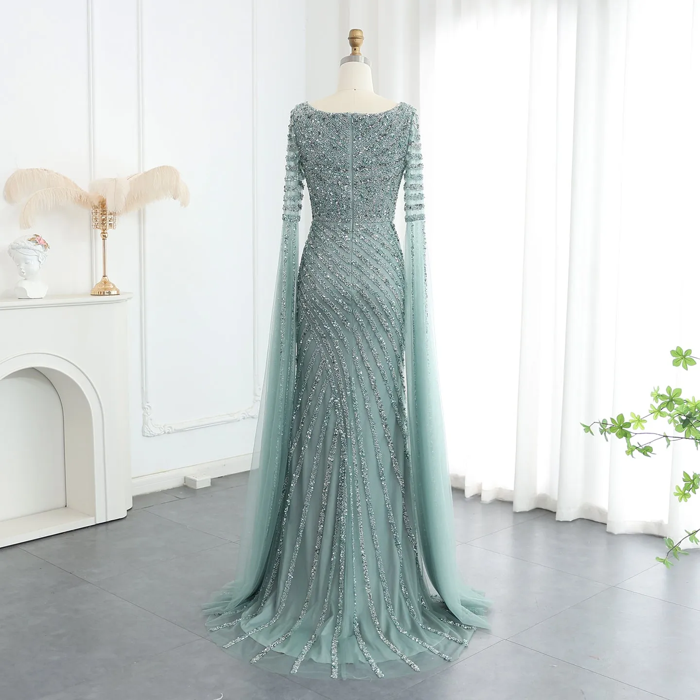 Luxury Beaded Pink Mermaid Evening Dress with Cape Sleeves SS434