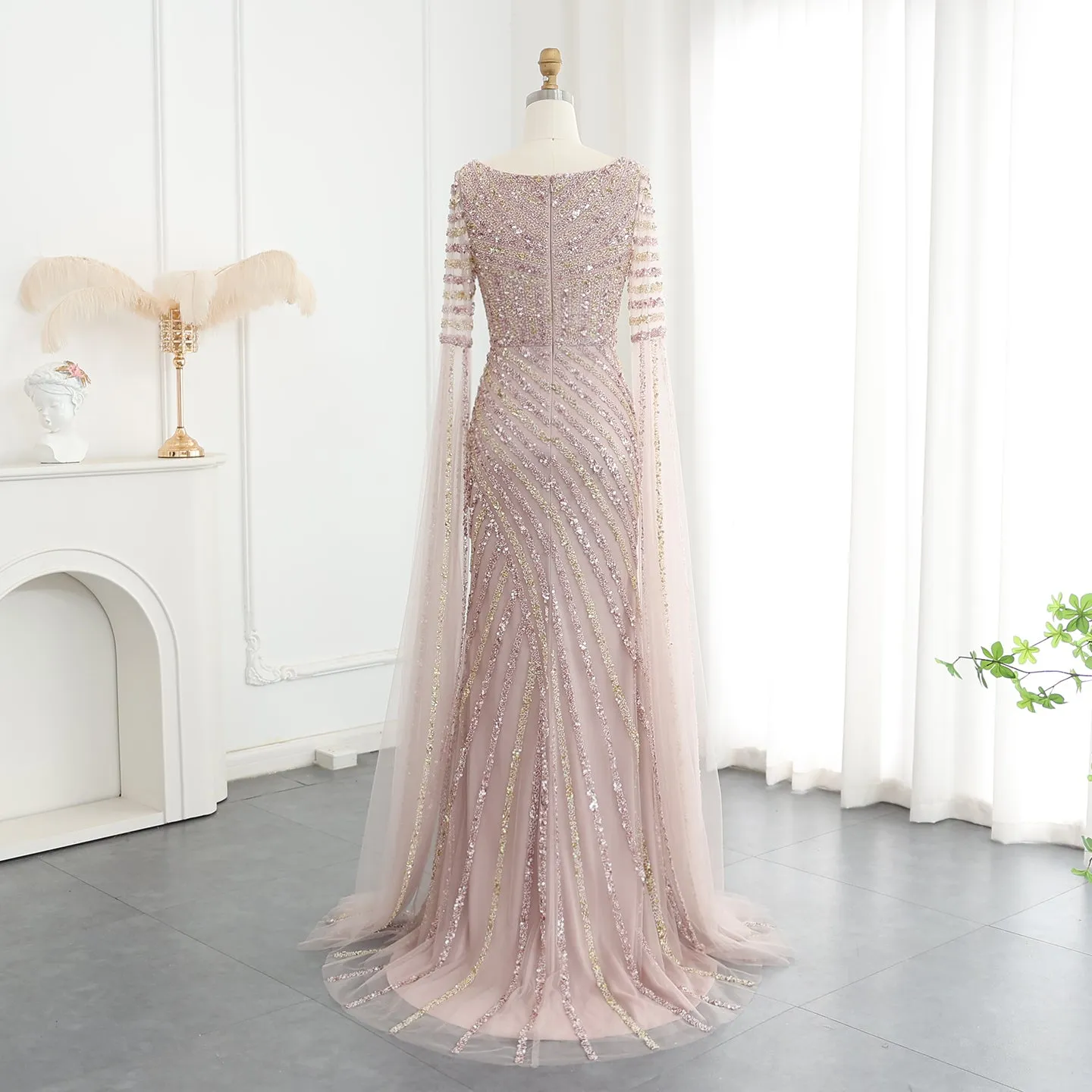 Luxury Beaded Pink Mermaid Evening Dress with Cape Sleeves SS434