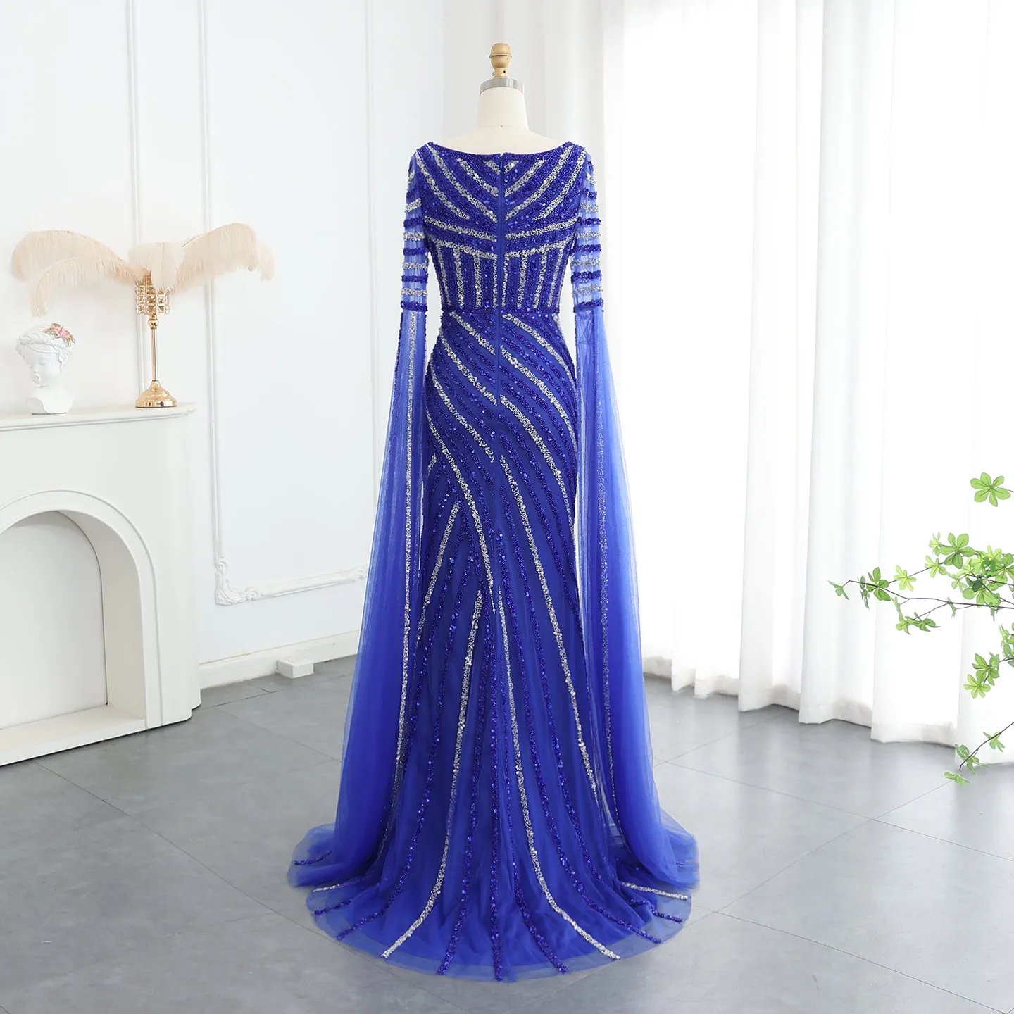 Luxury Beaded Pink Mermaid Evening Dress with Cape Sleeves SS434