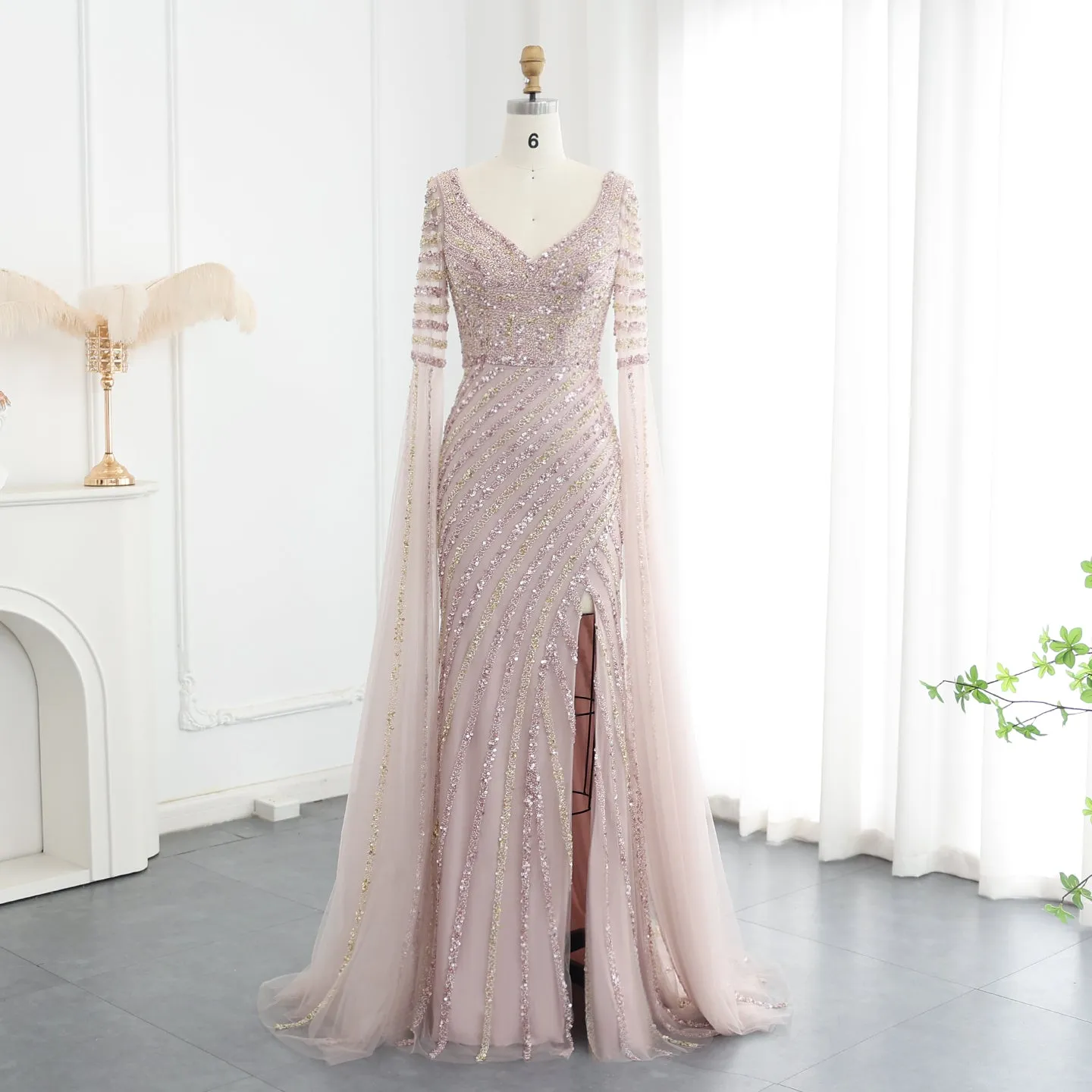 Luxury Beaded Pink Mermaid Evening Dress with Cape Sleeves SS434