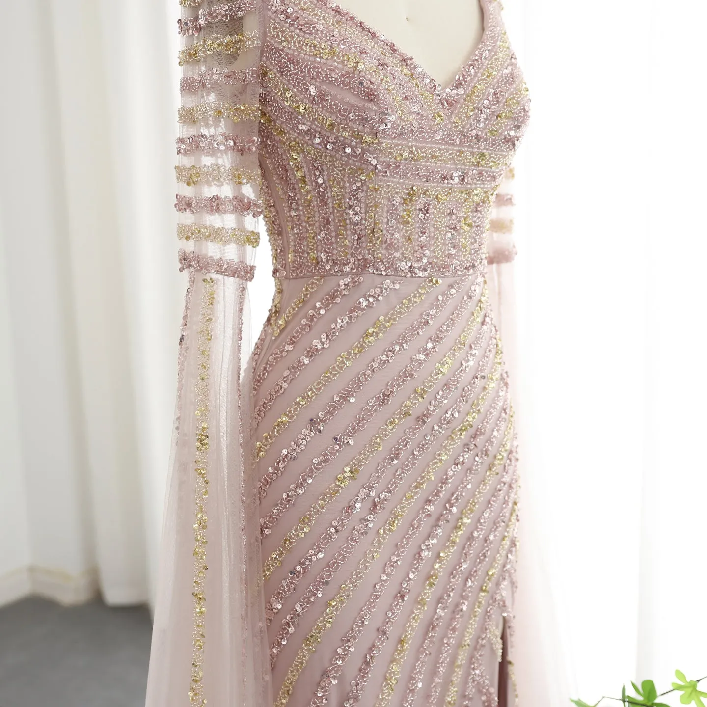 Luxury Beaded Pink Mermaid Evening Dress with Cape Sleeves SS434