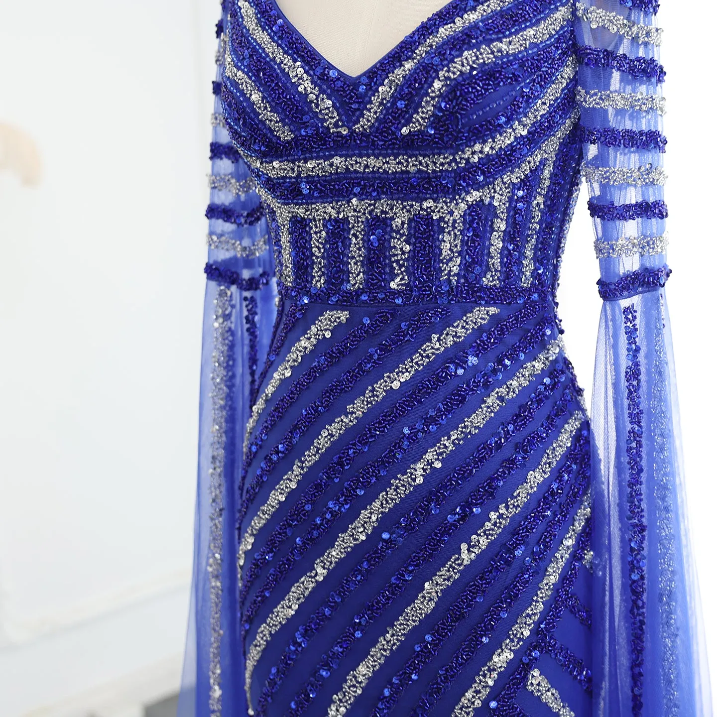 Luxury Beaded Pink Mermaid Evening Dress with Cape Sleeves SS434