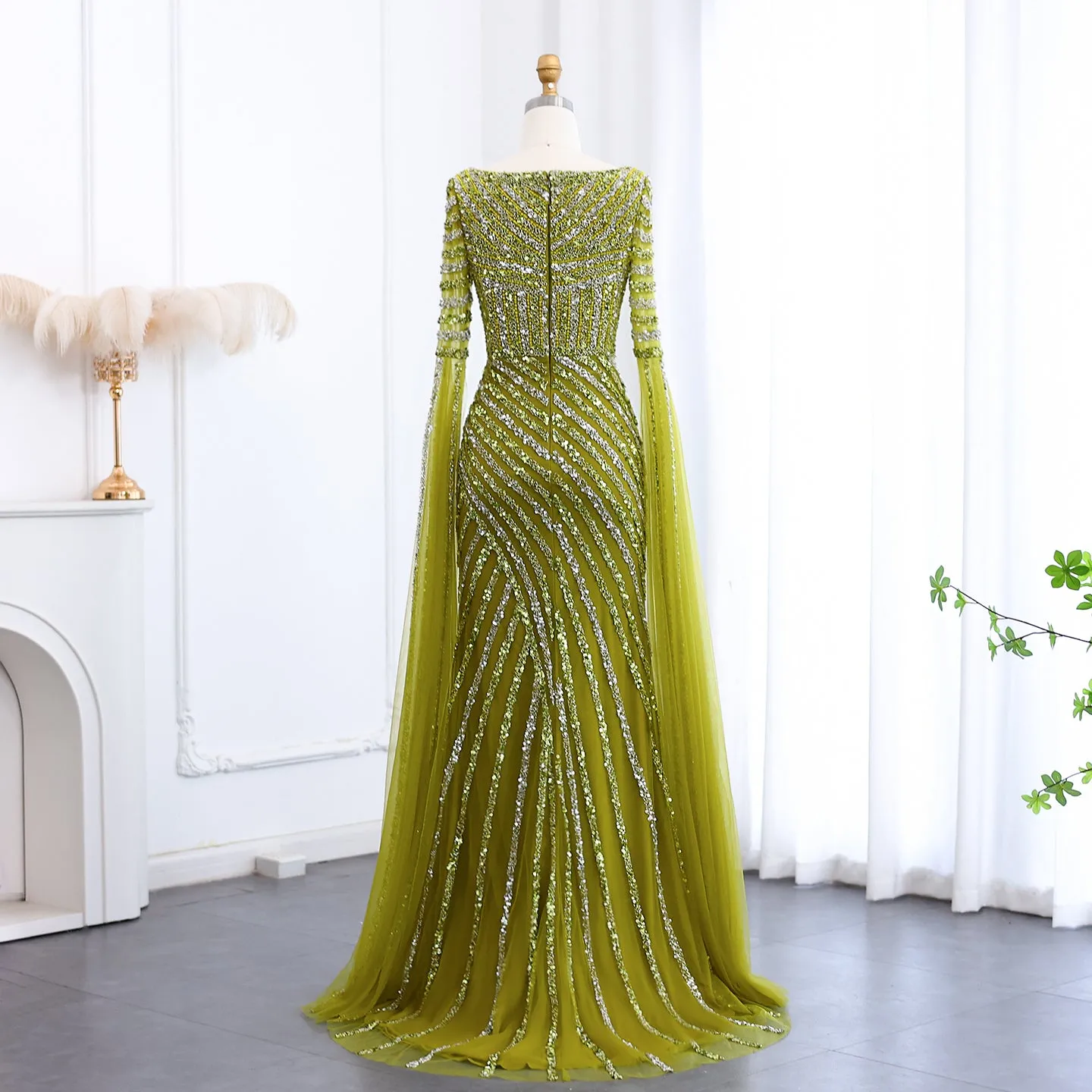 Luxury Beaded Pink Mermaid Evening Dress with Cape Sleeves SS434