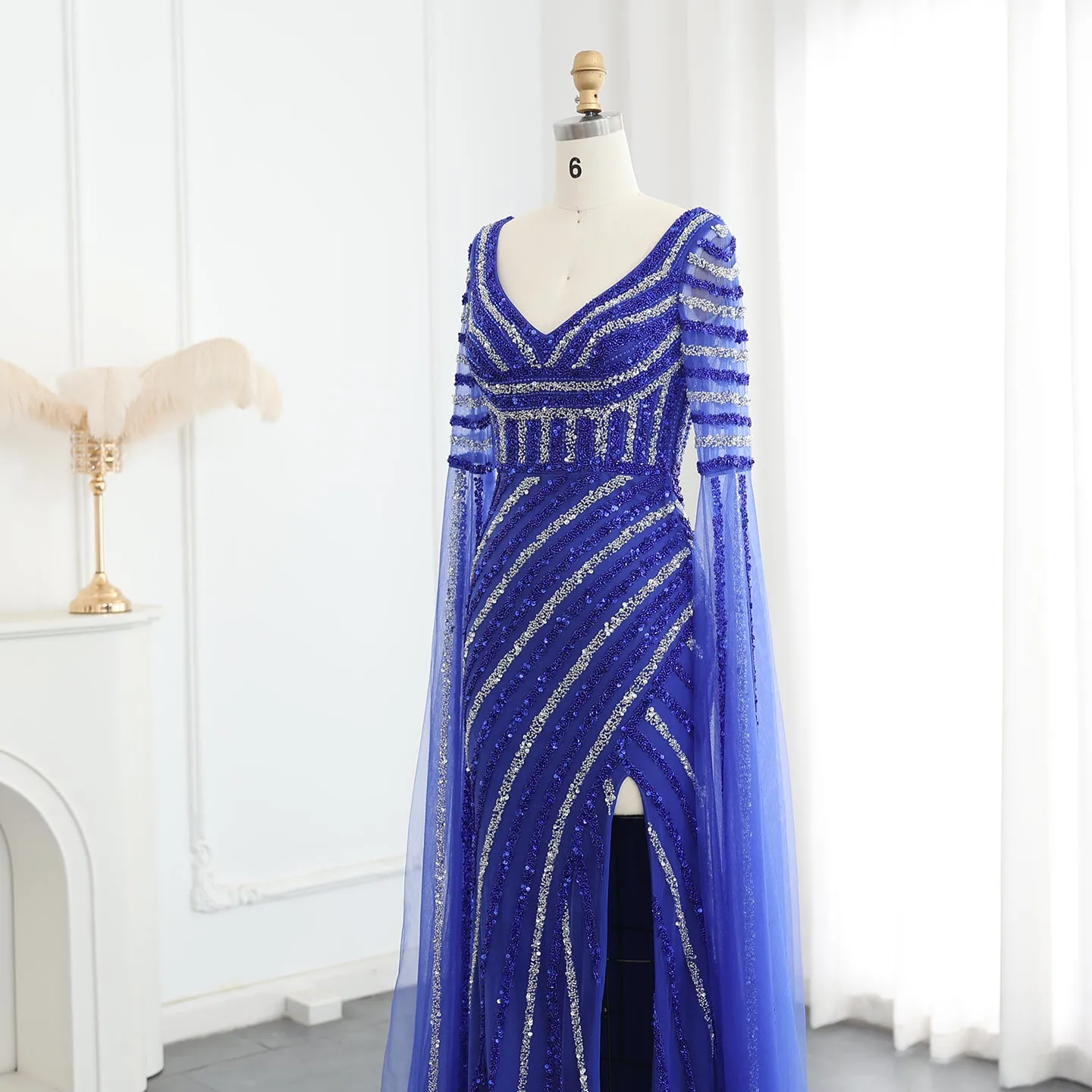 Luxury Beaded Pink Mermaid Evening Dress with Cape Sleeves SS434