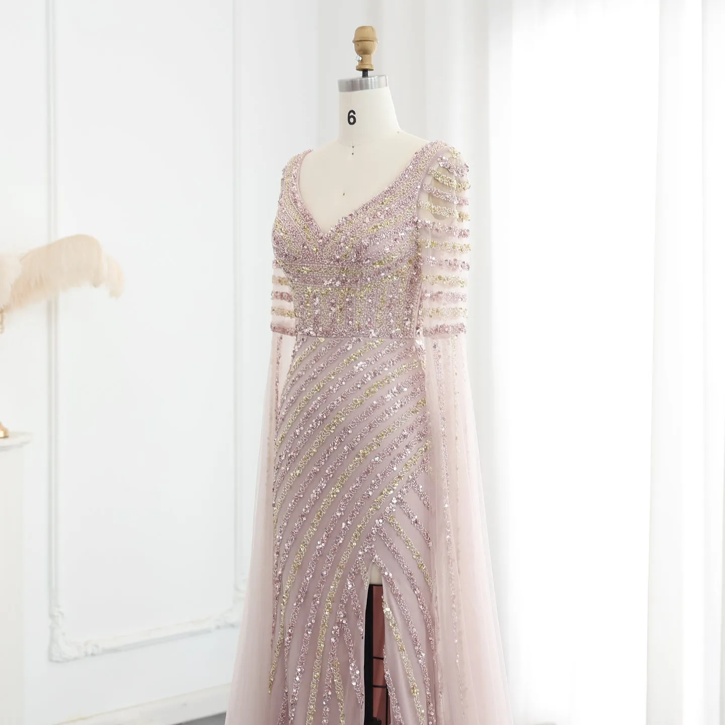 Luxury Beaded Pink Mermaid Evening Dress with Cape Sleeves SS434