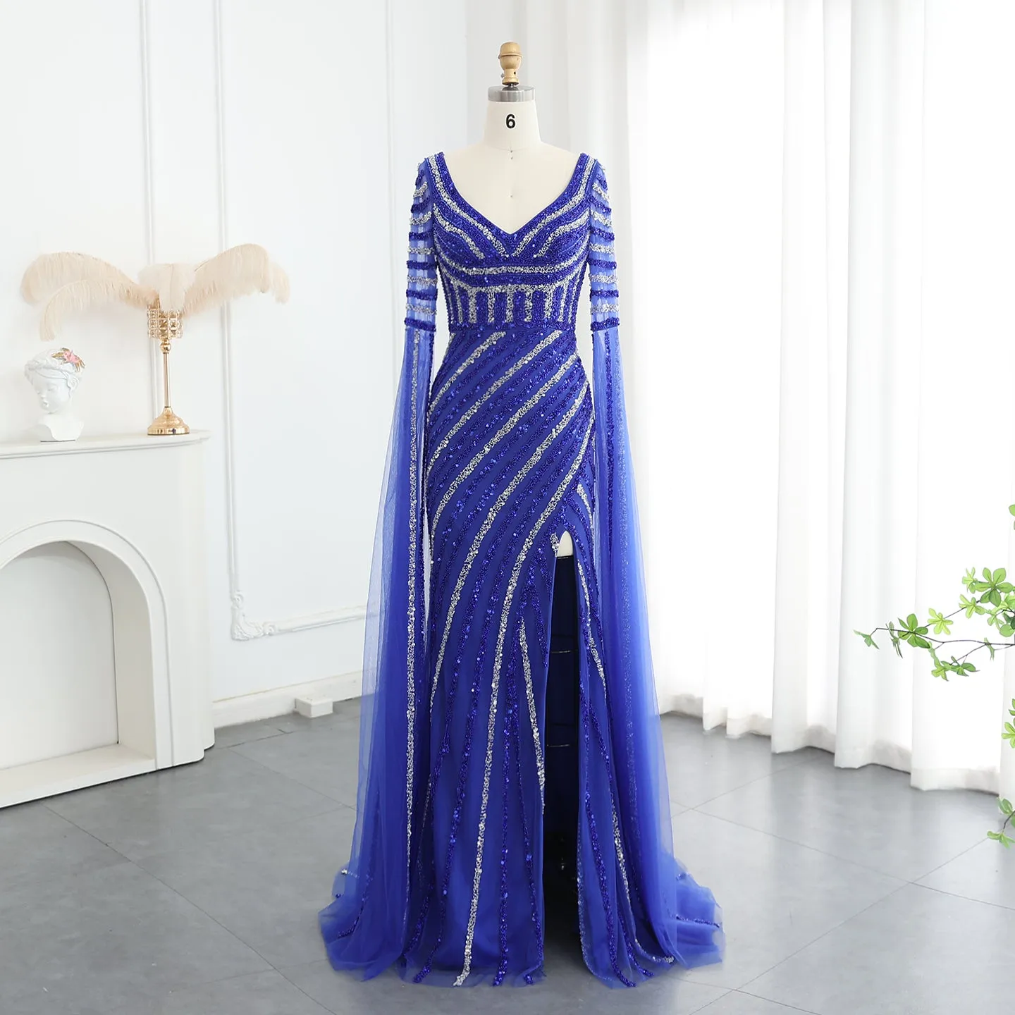 Luxury Beaded Pink Mermaid Evening Dress with Cape Sleeves SS434