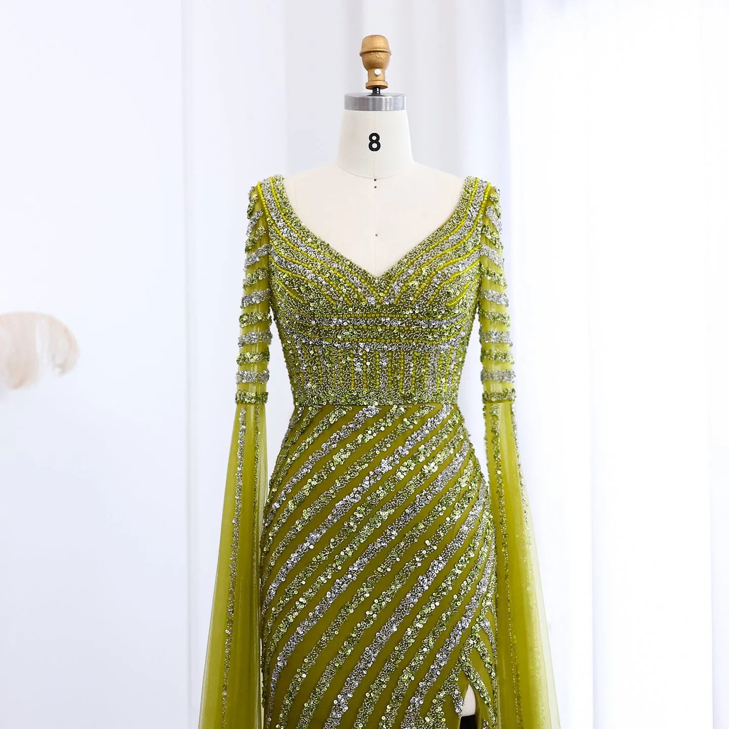 Luxury Beaded Pink Mermaid Evening Dress with Cape Sleeves SS434