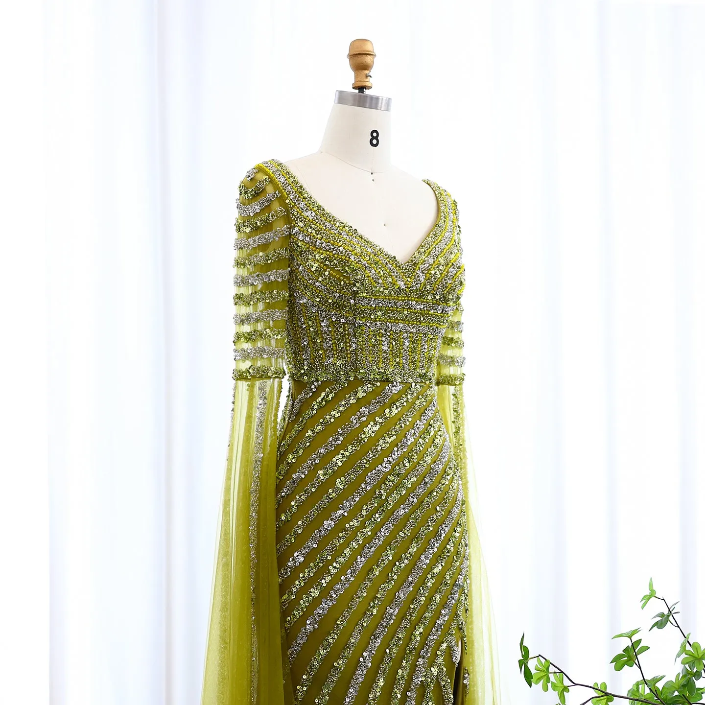Luxury Beaded Pink Mermaid Evening Dress with Cape Sleeves SS434