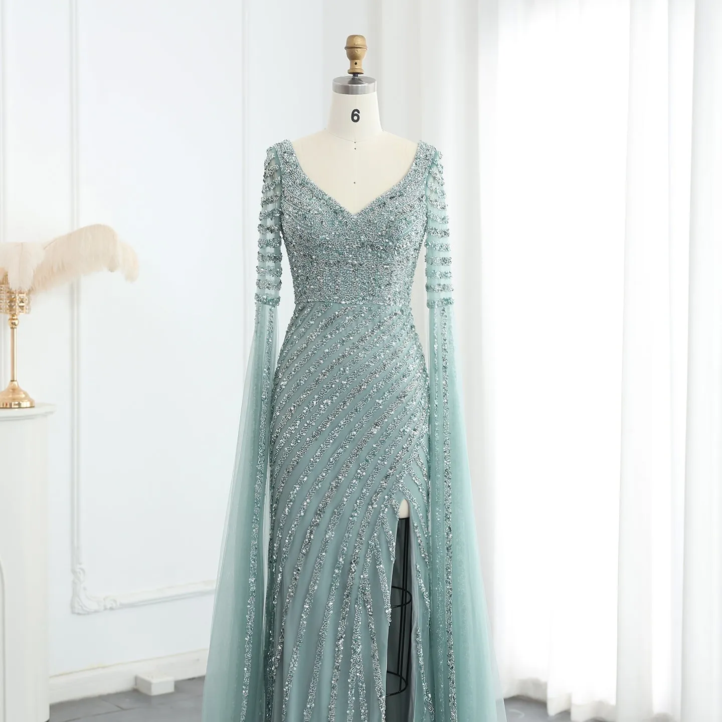Luxury Beaded Pink Mermaid Evening Dress with Cape Sleeves SS434