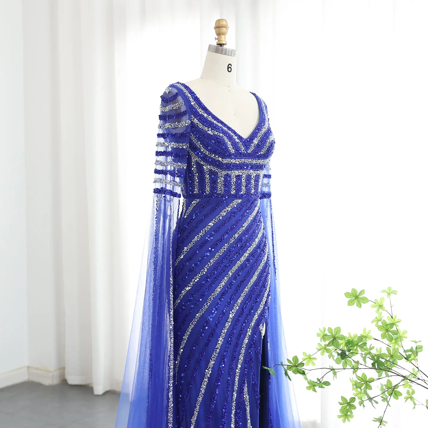 Luxury Beaded Pink Mermaid Evening Dress with Cape Sleeves SS434