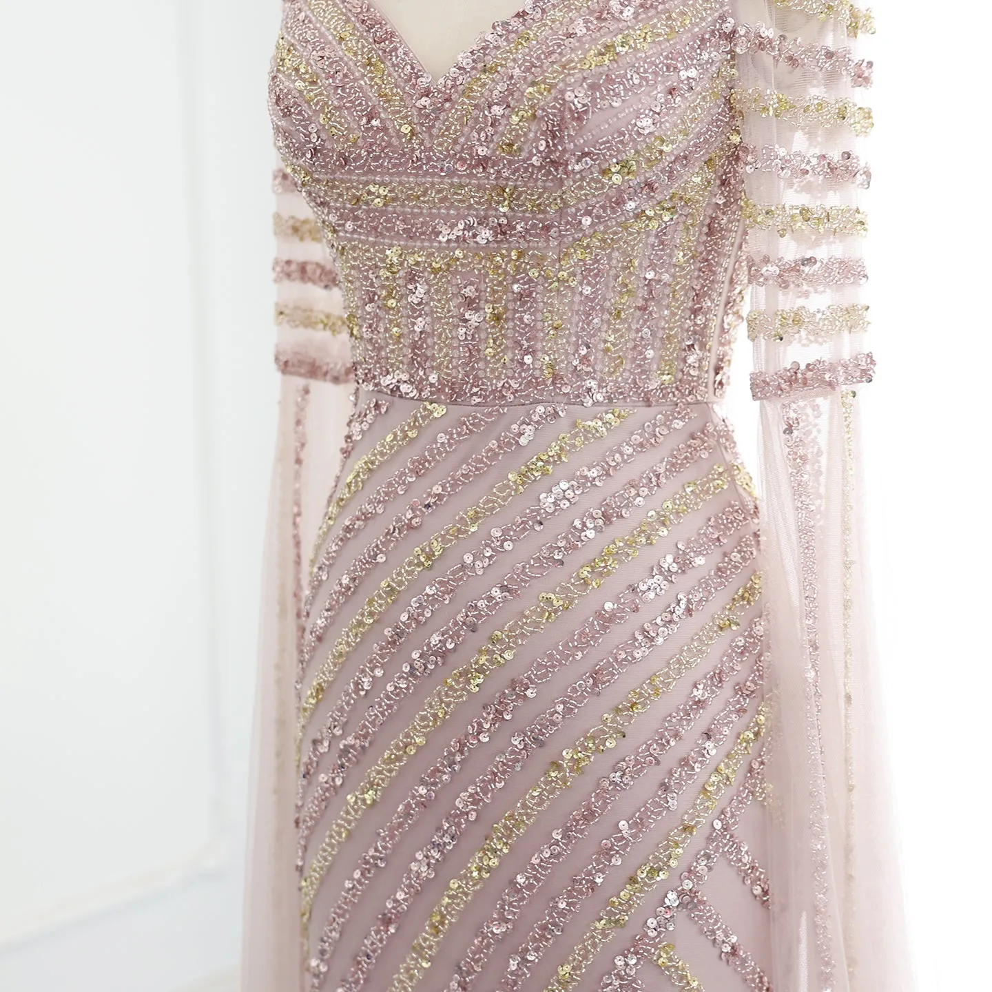 Luxury Beaded Pink Mermaid Evening Dress with Cape Sleeves SS434