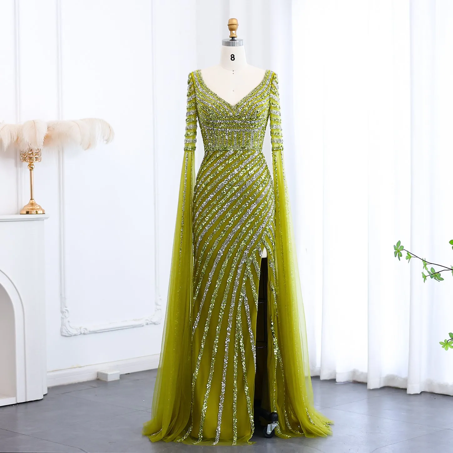 Luxury Beaded Pink Mermaid Evening Dress with Cape Sleeves SS434
