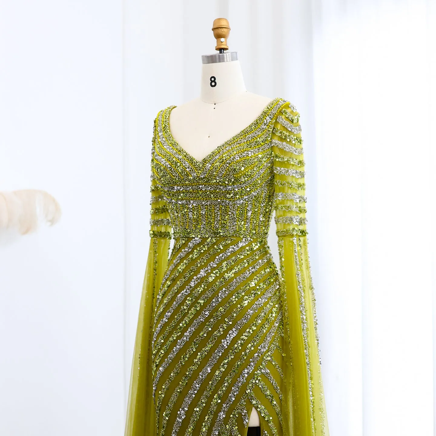 Luxury Beaded Pink Mermaid Evening Dress with Cape Sleeves SS434