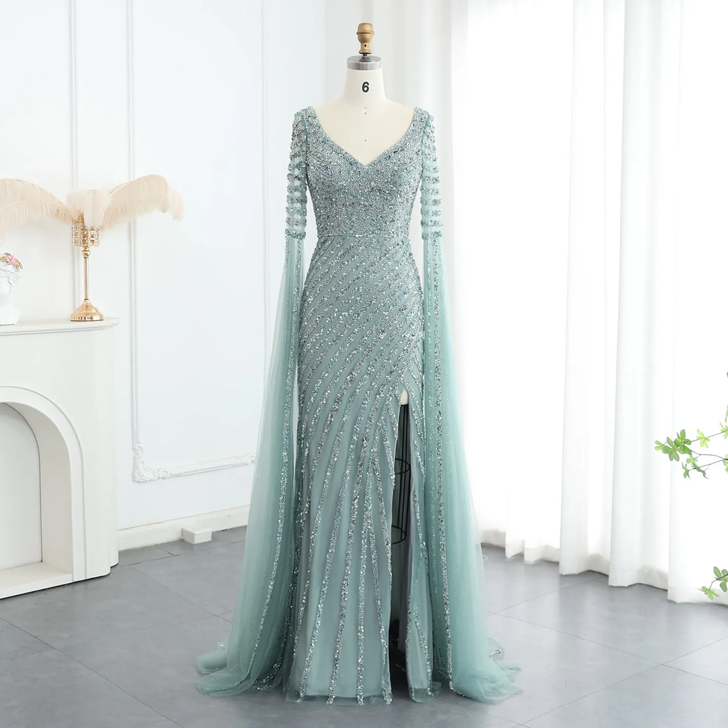 Luxury Beaded Pink Mermaid Evening Dress with Cape Sleeves SS434