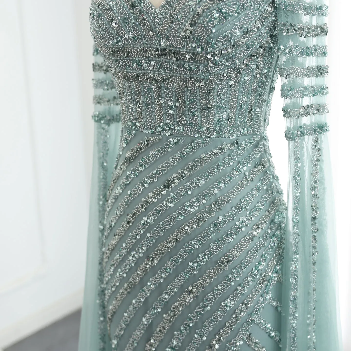 Luxury Beaded Pink Mermaid Evening Dress with Cape Sleeves SS434