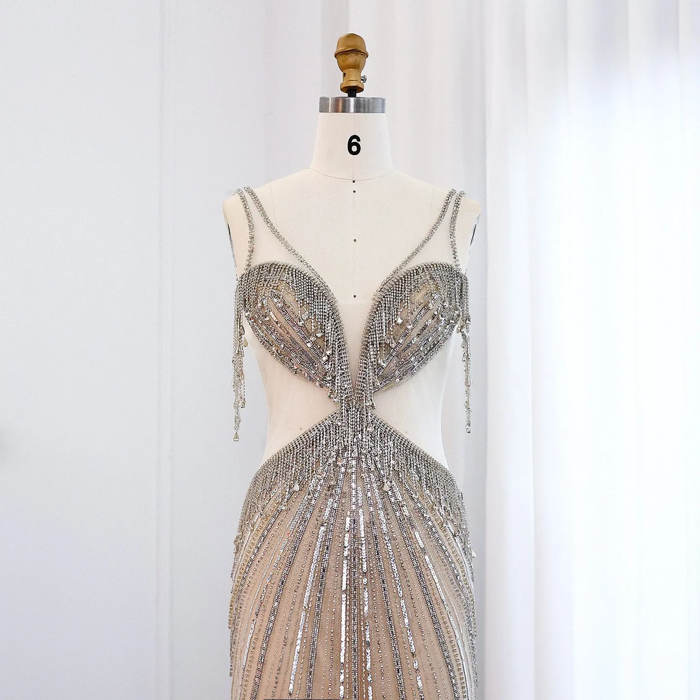Luxury Crystal Tassel Mermaid Silver Nude Prom Dress SS073
