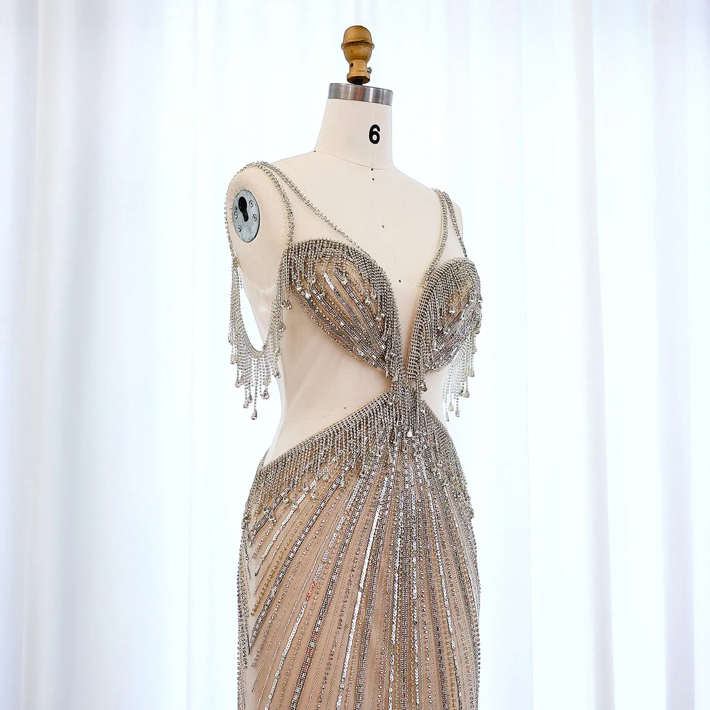 Luxury Crystal Tassel Mermaid Silver Nude Prom Dress SS073