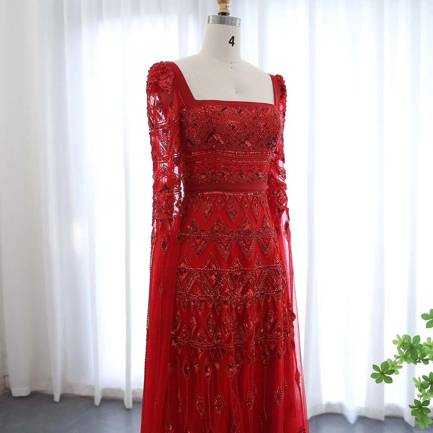 Luxury Wine Red Evening Dress with Cape Sleeves SS461