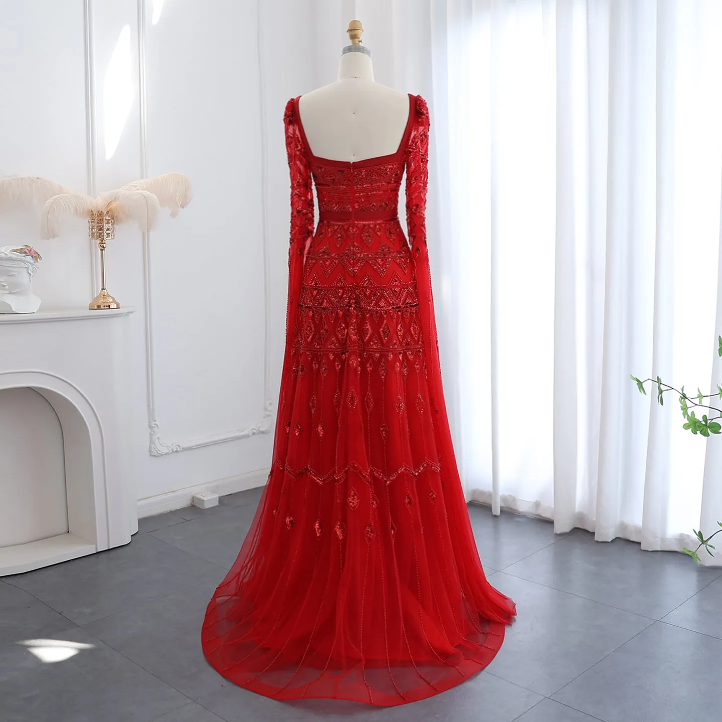 Luxury Wine Red Evening Dress with Cape Sleeves SS461