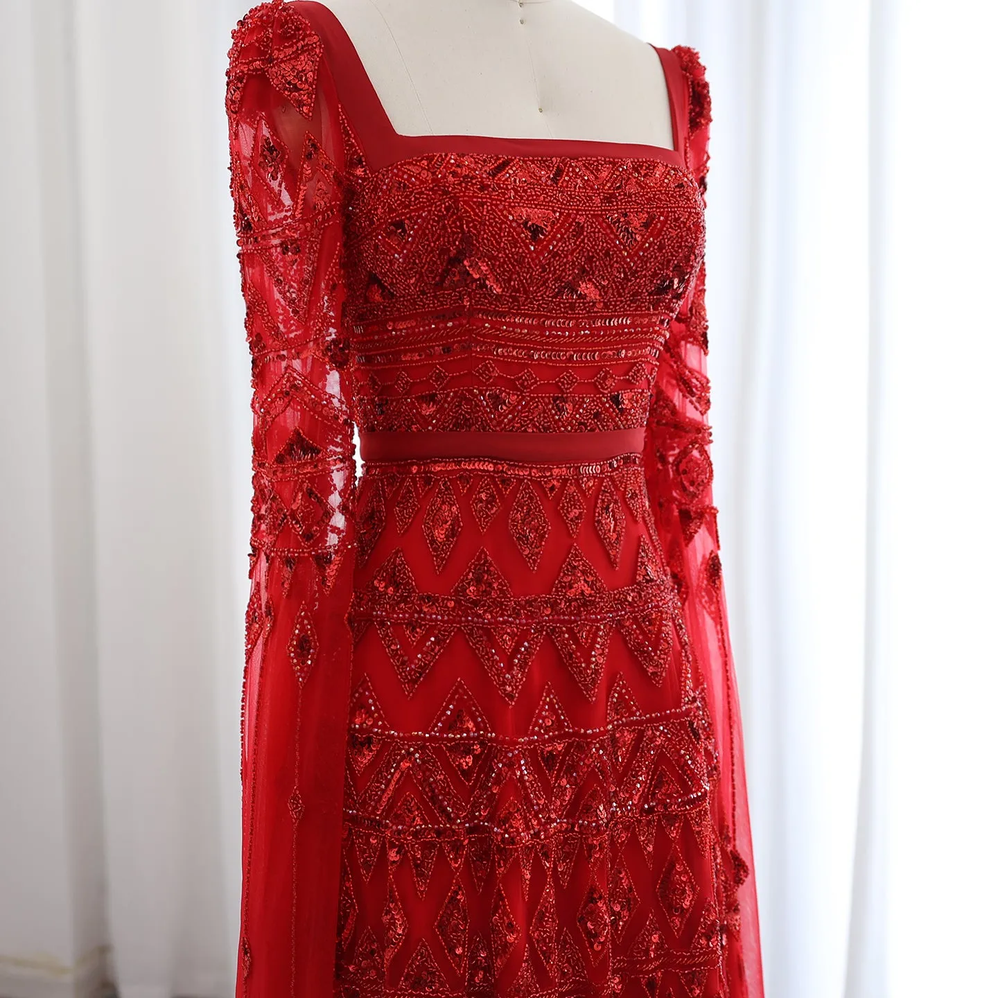 Luxury Wine Red Evening Dress with Cape Sleeves SS461