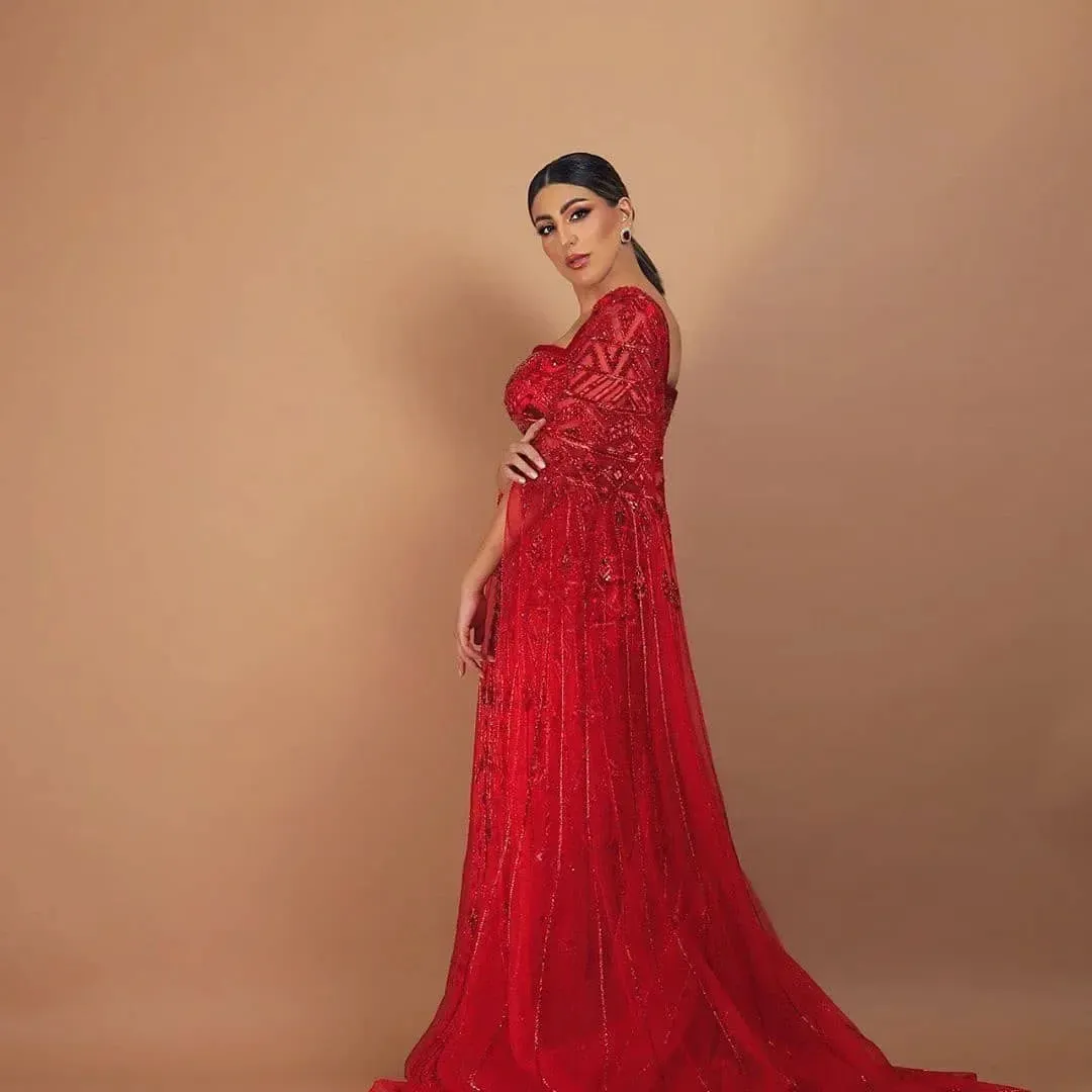 Luxury Wine Red Evening Dress with Cape Sleeves SS461