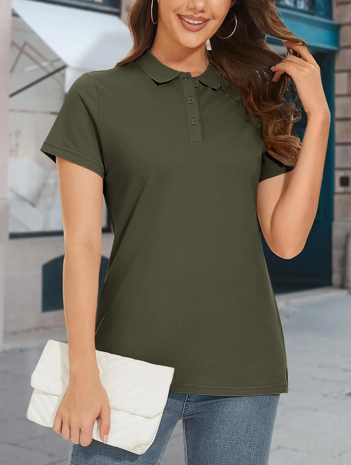 MAGCOMSEN Women's Polo Shirts Cotton 3-Button Short Sleeve Collared Tops Summer Cool Shirt Uniform Casual Shirts