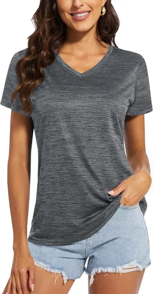 MAGCOMSEN Women's V Neck Workout Shirts Short Sleeve Moisture Wicking Yoga T-Shirts Quick Dry Athletic Tops