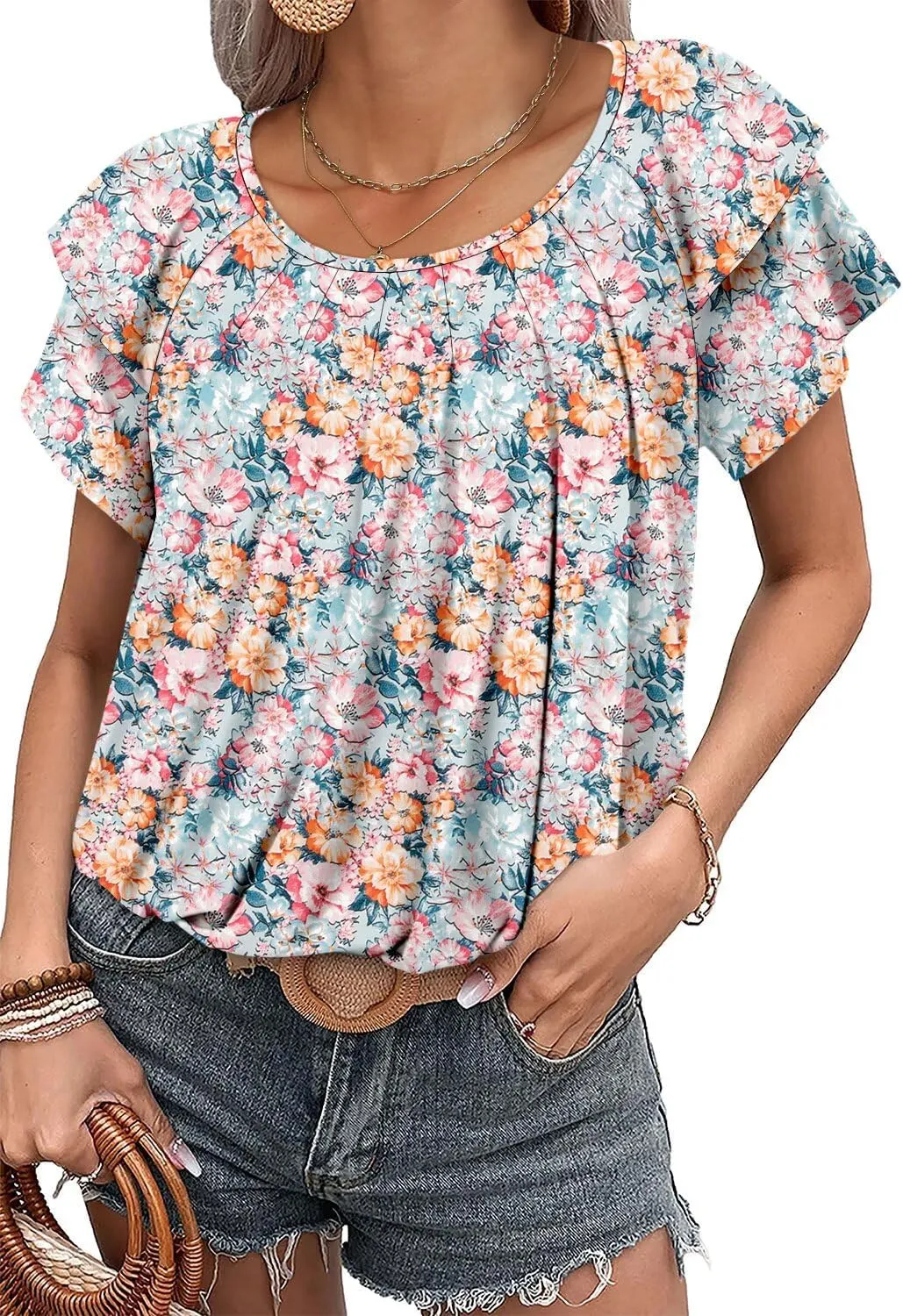 Magritta Womens Shirts Dressy Casual Short Sleeve Blouses Loose Fit Pleated Front Summer Tunic Tops