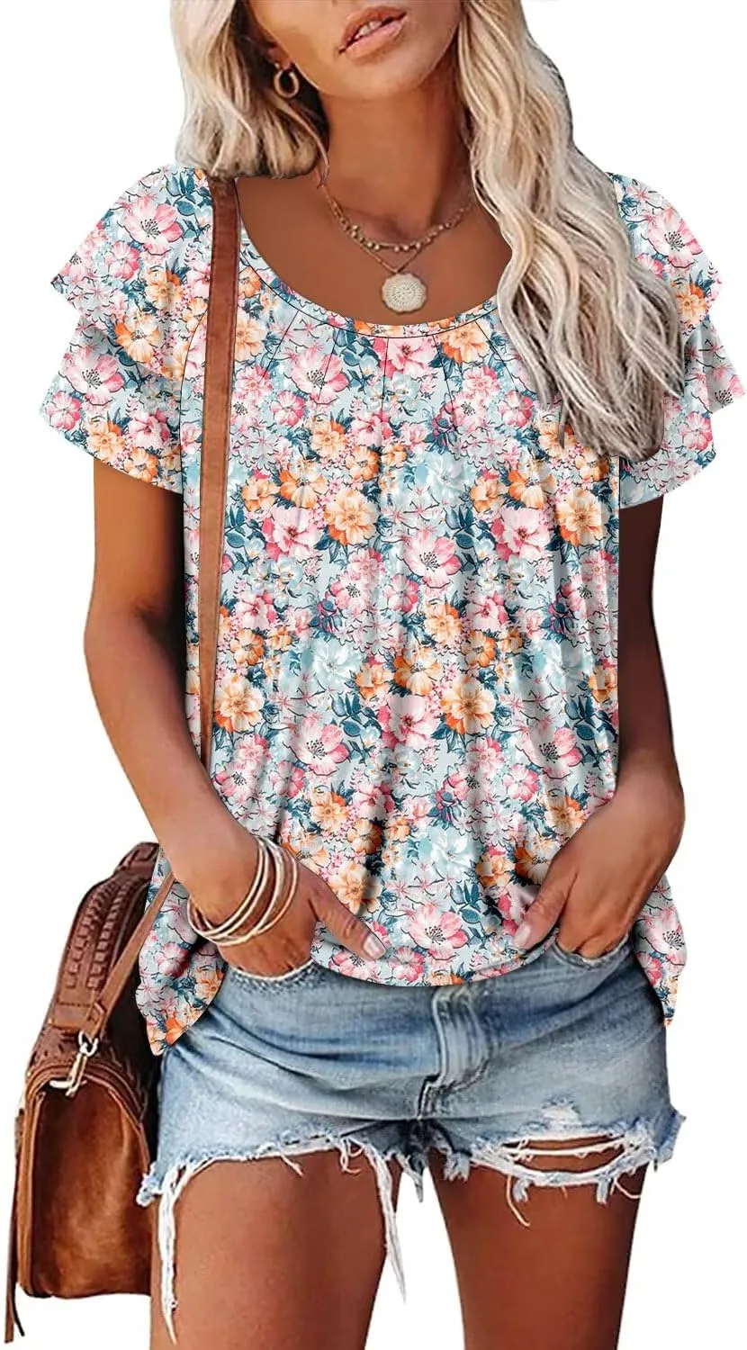 Magritta Womens Shirts Dressy Casual Short Sleeve Blouses Loose Fit Pleated Front Summer Tunic Tops