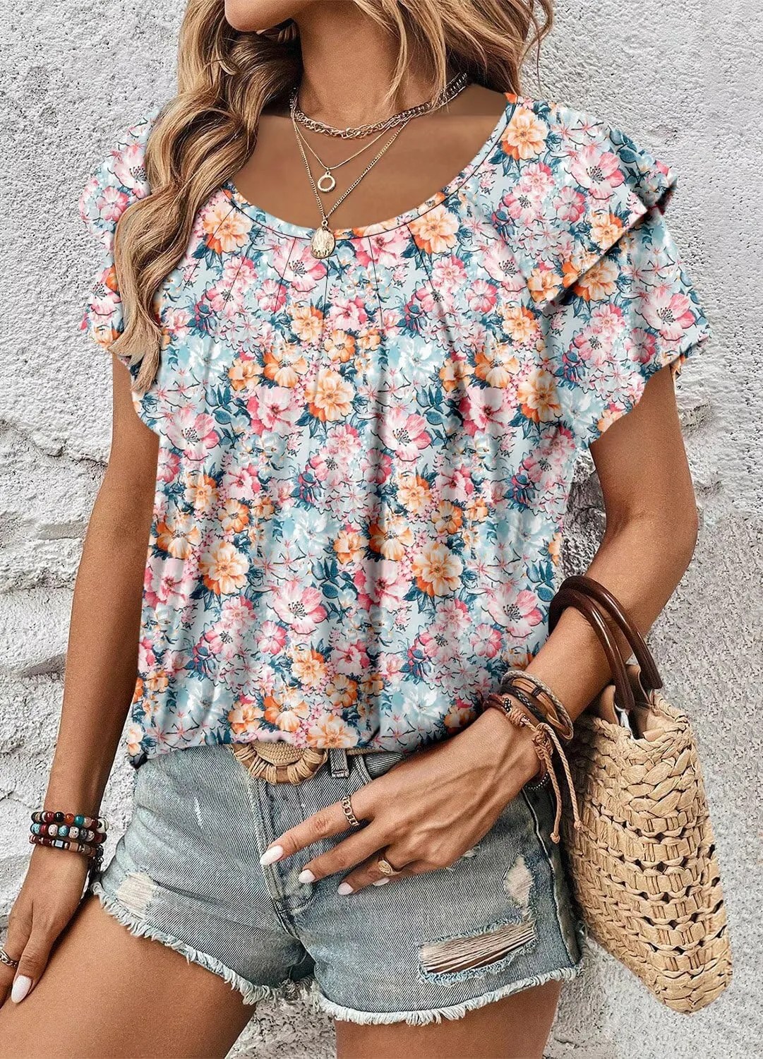 Magritta Womens Shirts Dressy Casual Short Sleeve Blouses Loose Fit Pleated Front Summer Tunic Tops