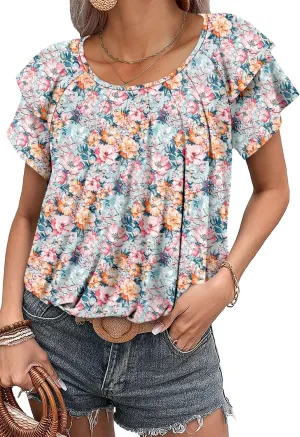 Magritta Womens Shirts Dressy Casual Short Sleeve Blouses Loose Fit Pleated Front Summer Tunic Tops