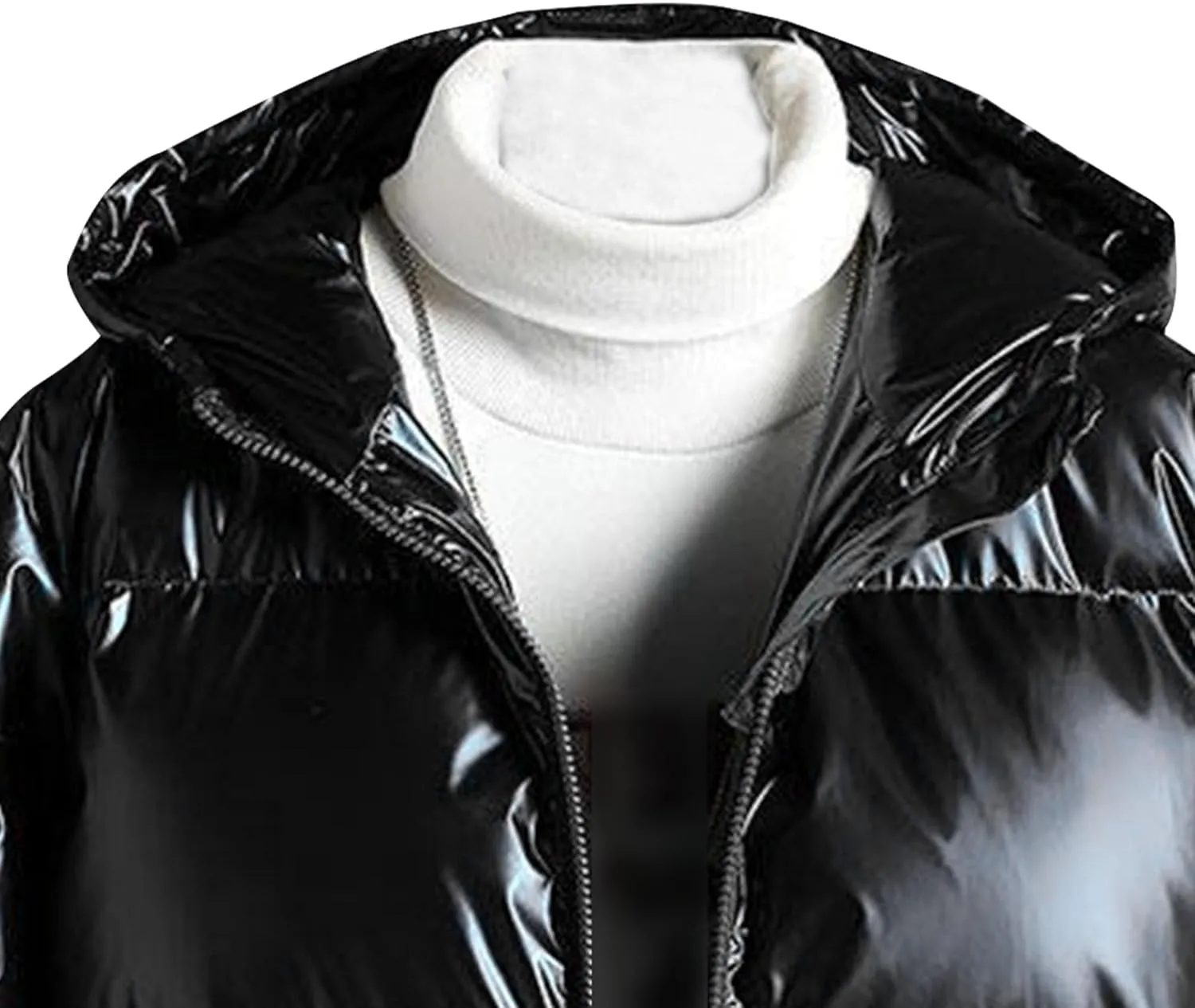 Maiyifu-GJ Men's Hooded Winter Puffer Jacket Fashion Full Zip Down Padded Coat Casual Metallic Shiny Short Down Coats